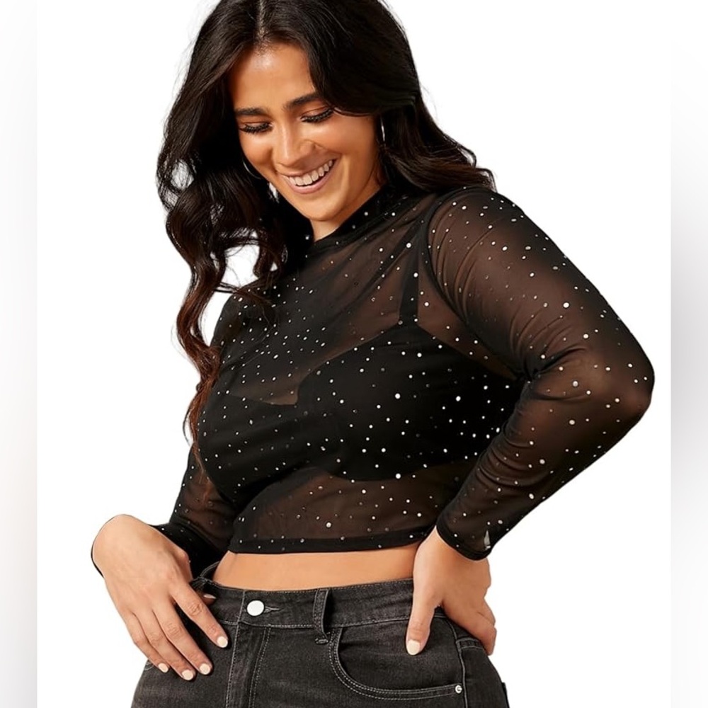 Sheer Black Cropped Sequin Long Sleeve with Mandarin Collar B - Picture 1 of 4
